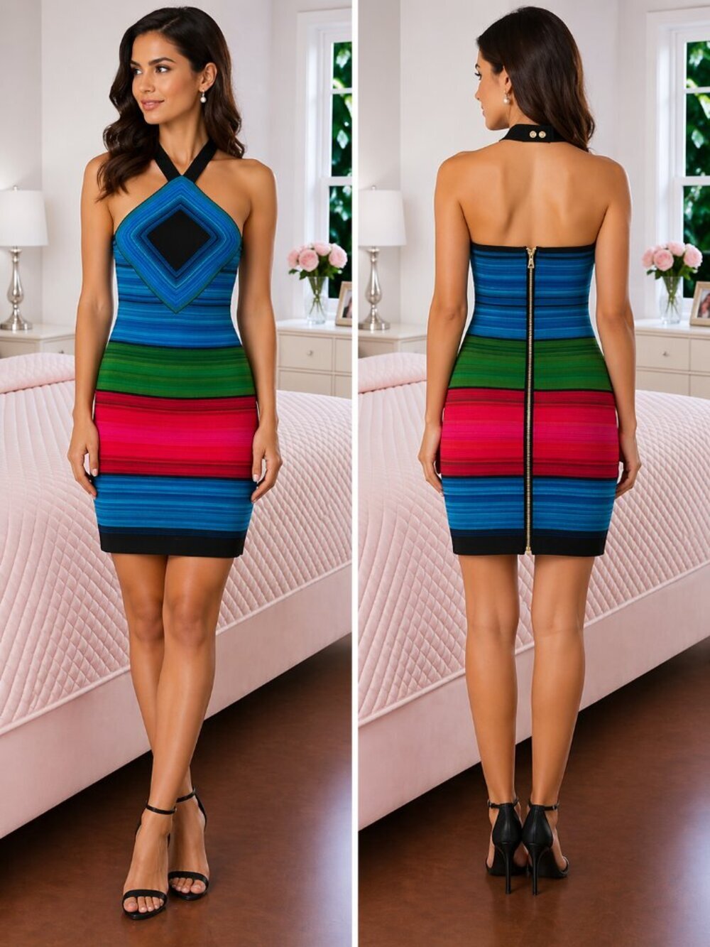 Balmain Authentic Striped Halter Bodycon Mini Dress $2215